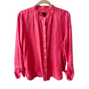 Ann Taylor Pink Linen Blouse Button Down Long Sleeve Mandarin Collar Women's L